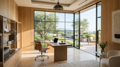 Dwight Law Group private law chambers in Irvine with floor-to-ceiling glass wall looking onto sunlit terrace and garden